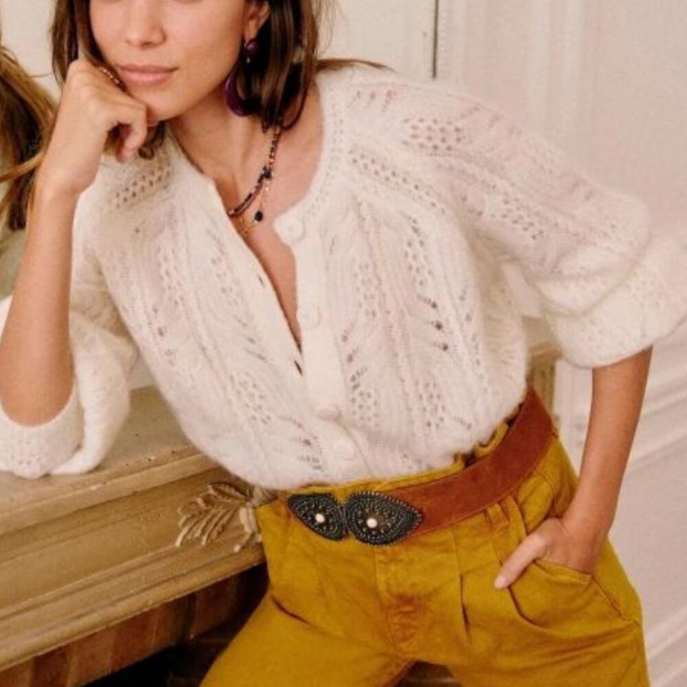 NWT Sezane Alma Cardigan Ecru Cream Ivory Kid Mohair Sweater Knit French